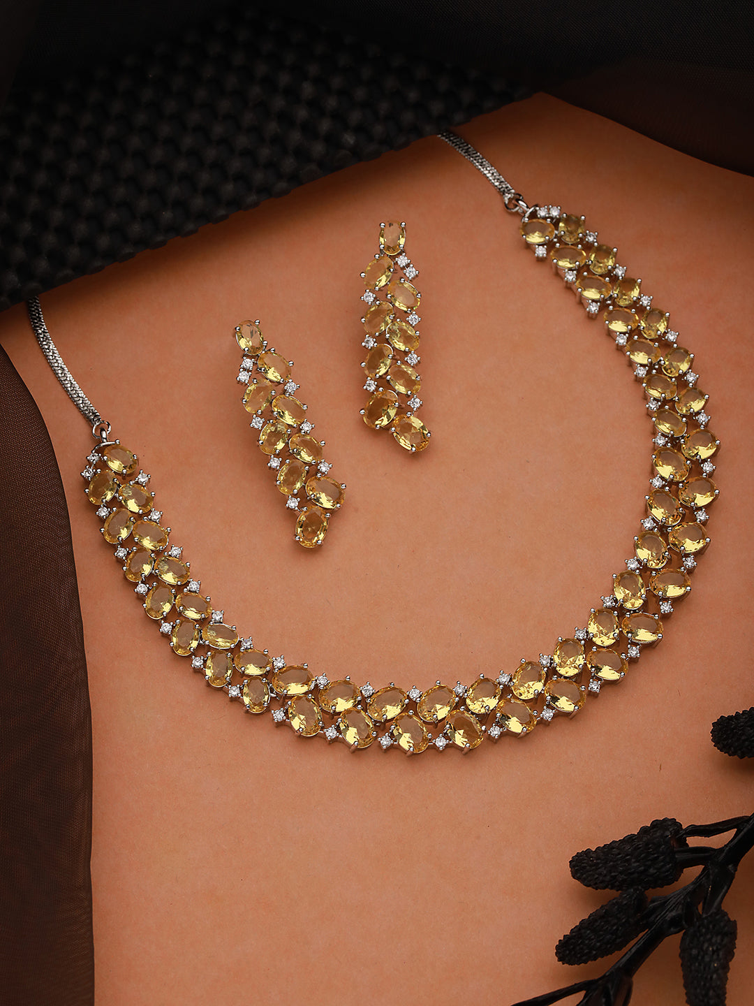 Silver Toned Yellow AD Studded Minimal  Designer Jewellery Set